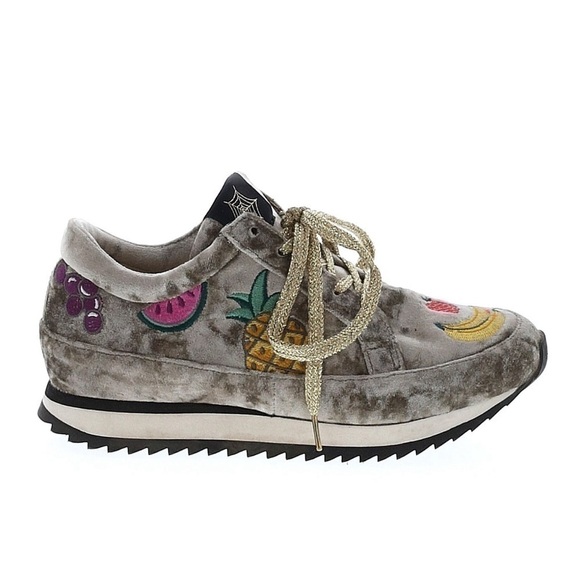 CHARLOTTE OLYMPIA Metallic Gray Velvet “Work It Fruit Sala Sneakers Size 35 EUC - Picture 1 of 7